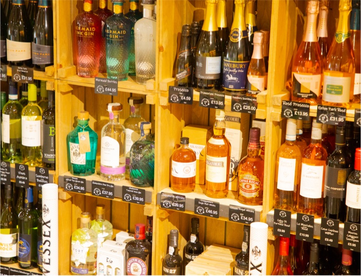 Shelves of alcohol at Westlands Farm Shop.